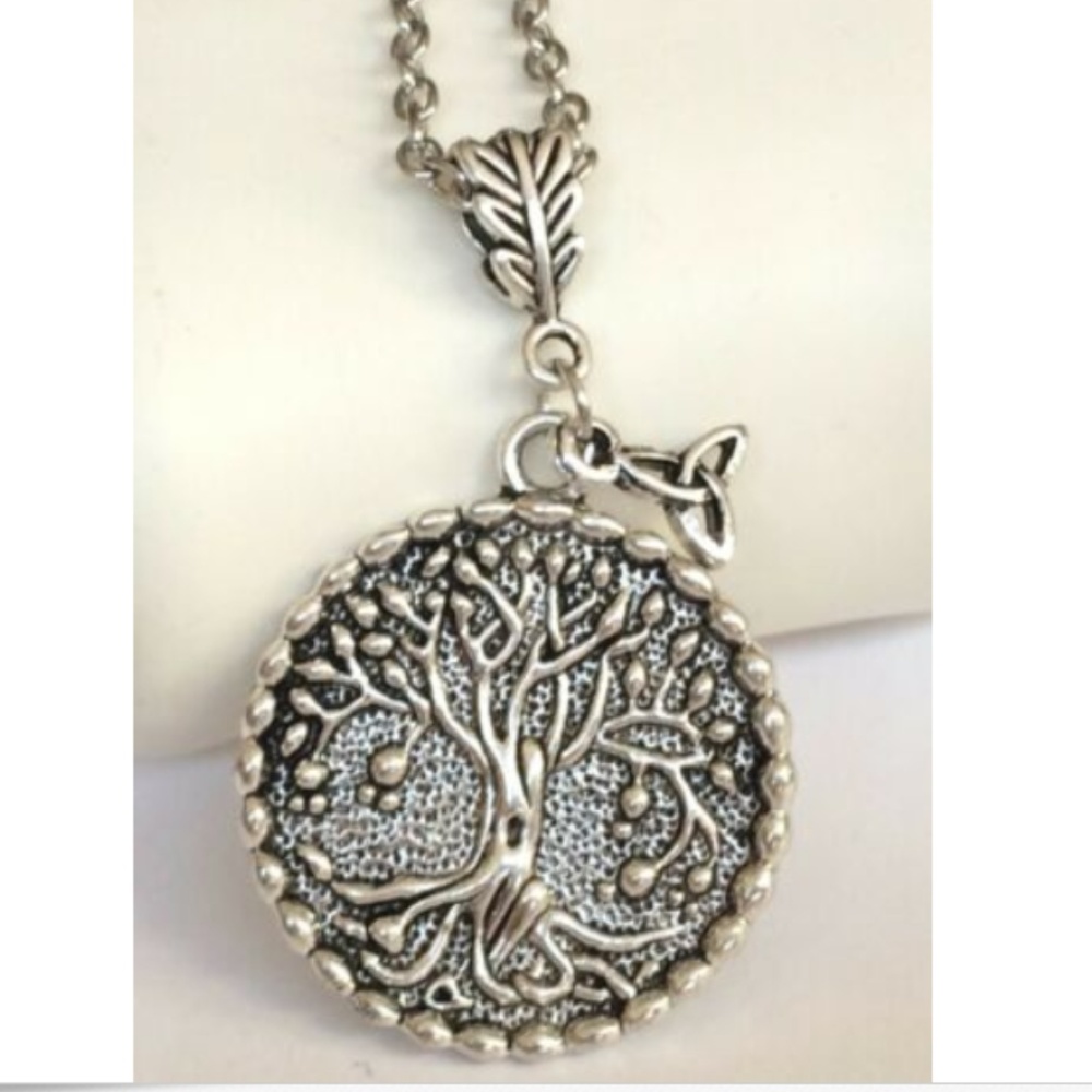 Silver Tone Tree of Life Necklace Irish Celtic Trinity Knot 24" X-Long  Chain